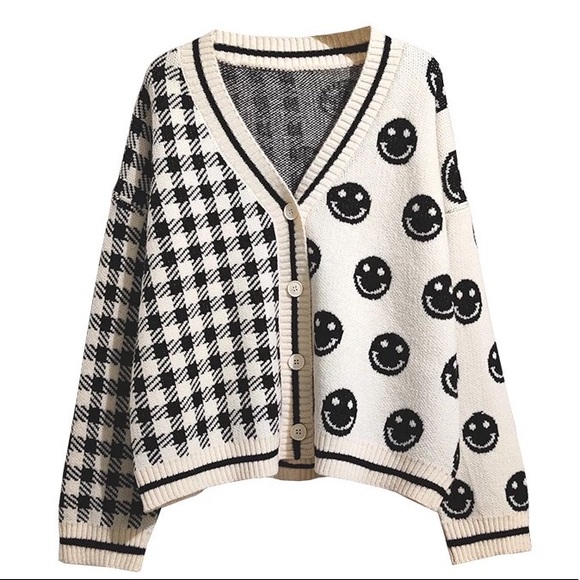Smiley face cardigan sweater knit black and cream white stripe v-neck happy face - Picture 6 of 7